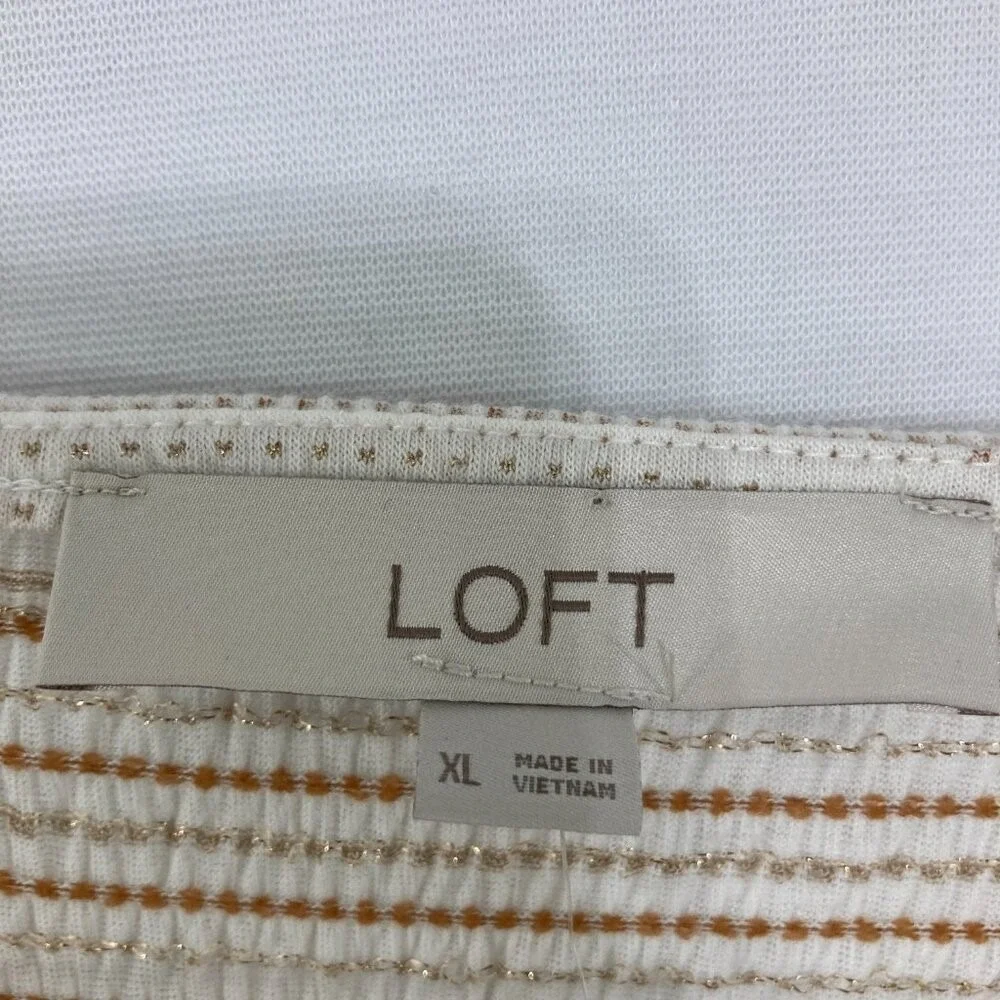 New LOFT size XL Cream Striped Sparkle Puff Sleeve Square Neck Stretch‎ Blouse